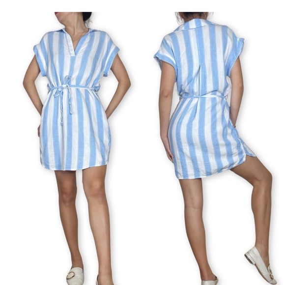 🚨 New Bella Dahl Belted Linen Blend Shirt Dress in Marina Blue Stripe Size M - Picture 7 of 7